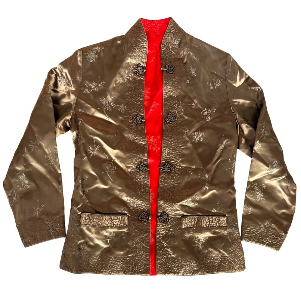 Vtg‎ Peony Brand Satin Chinese Jacket Sz S Reversible Gold Bronze Red Shanghai